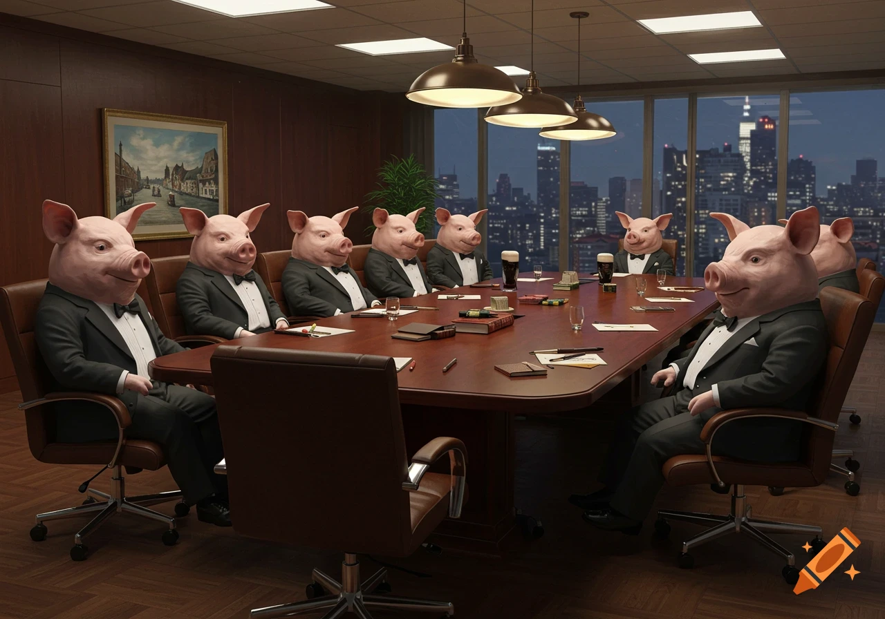 Photorealistic image of anthropomorphic pigs in suits sitting around a conference table with a city skyline visible through windows.