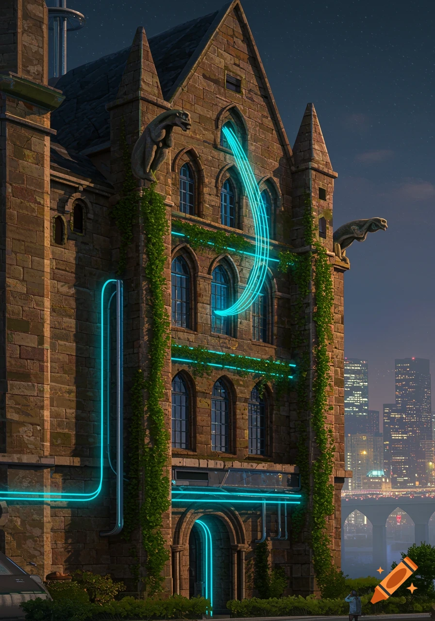 A gothic stone building adorned with glowing blue neon lights, set against a dark city skyline at night.