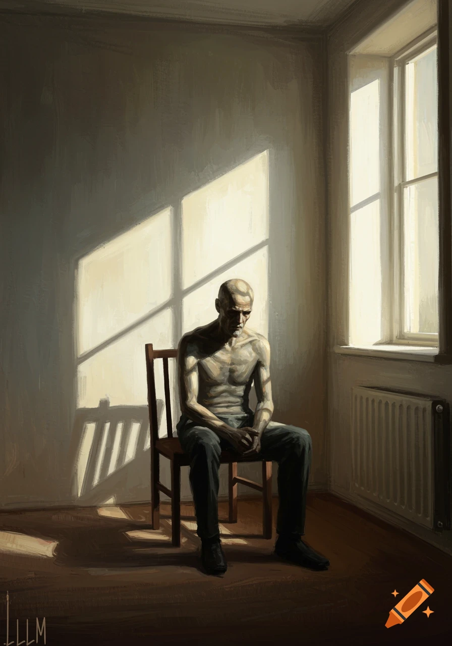 An emaciated man sits shirtless in a sunlit room, his head bowed, depicted in an oil painting style.