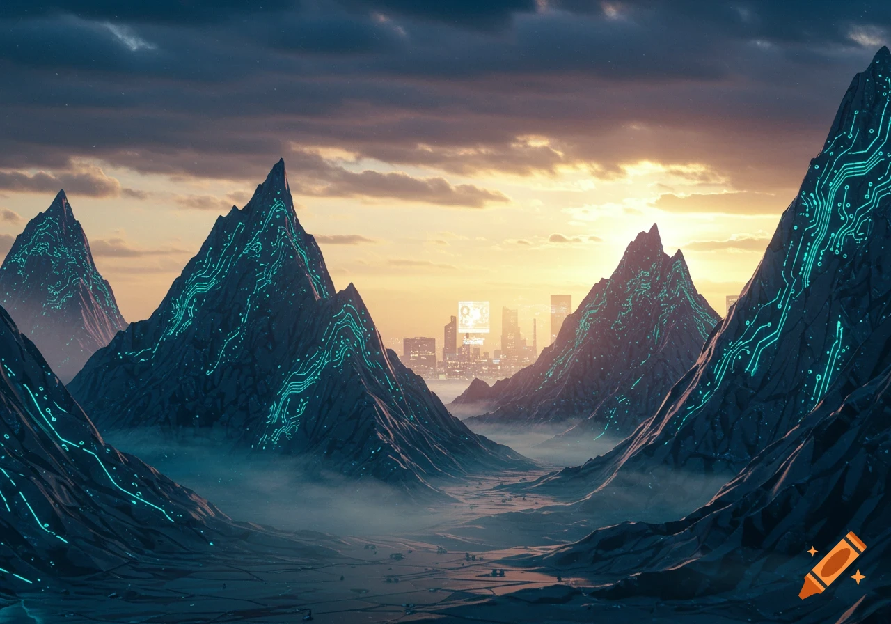 A cyberpunk landscape at sunset, featuring metal mountains with glowing circuit patterns overlooking a futuristic city in the distance.