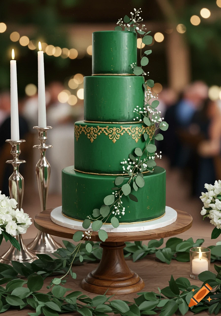 A four-tiered emerald green wedding cake with gold accents and eucalyptus on a wooden stand with candles.