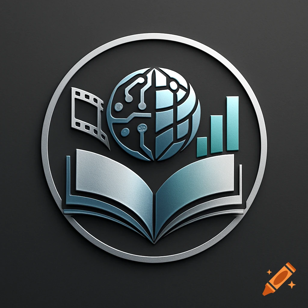Metallic silver and blue logo featuring an open book, a film strip, a tech globe, and bar graphs within a circular border on a dark background.