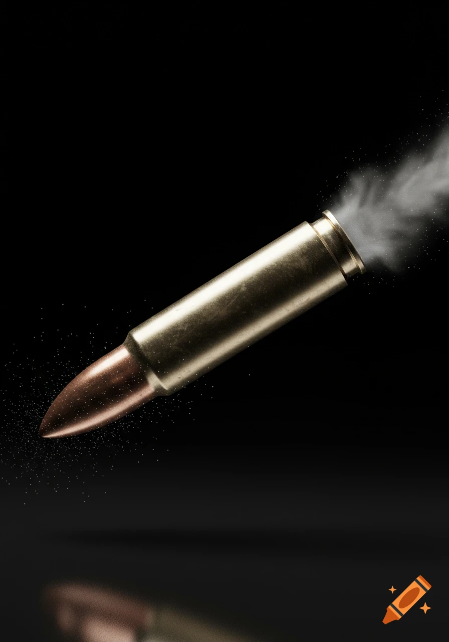 A photorealistic depiction of a golden bullet with a copper tip, trailing smoke, against a dark background.