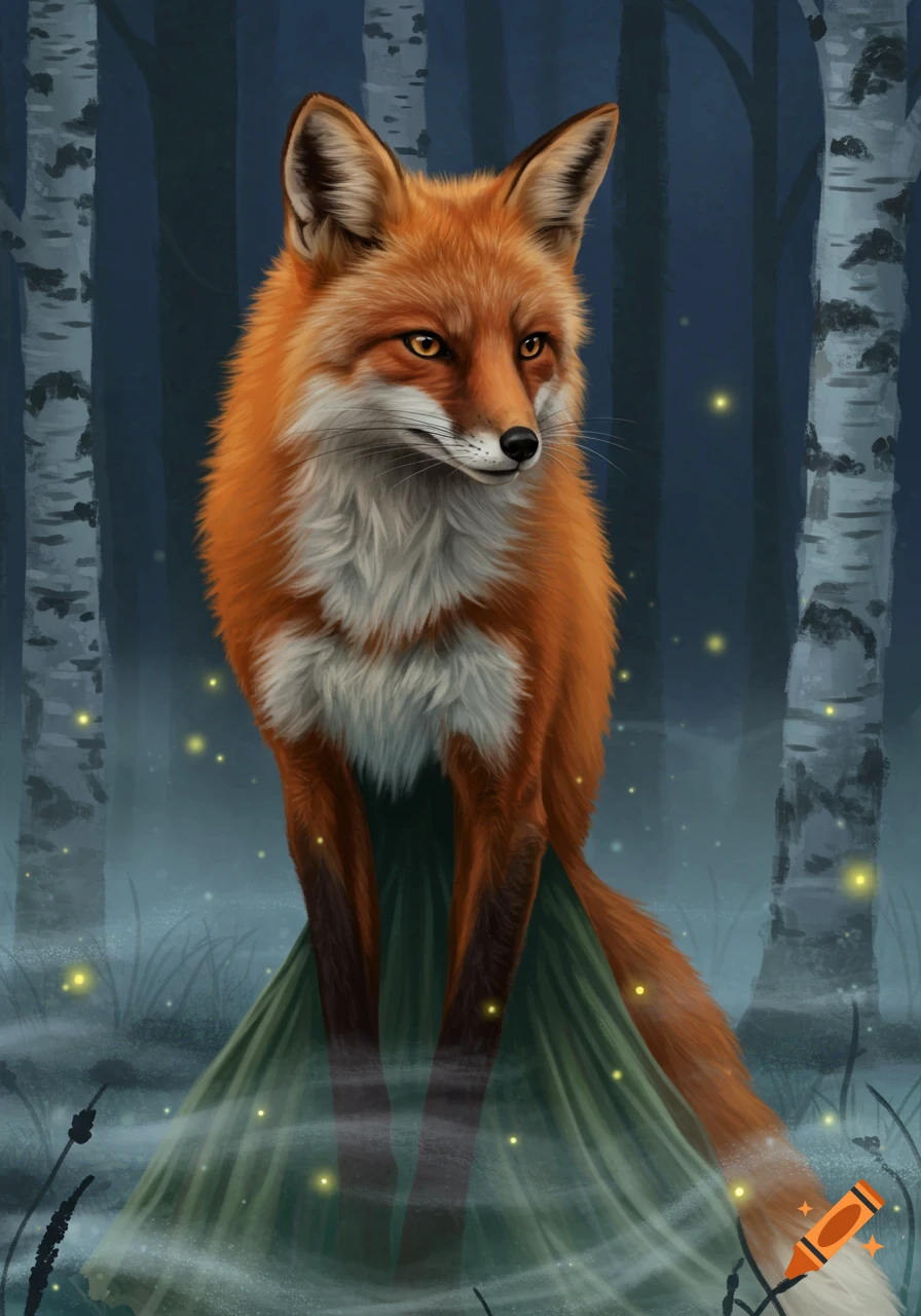 A red fox stands on a grassy mound in a dark forest at night, surrounded by glowing fireflies.
