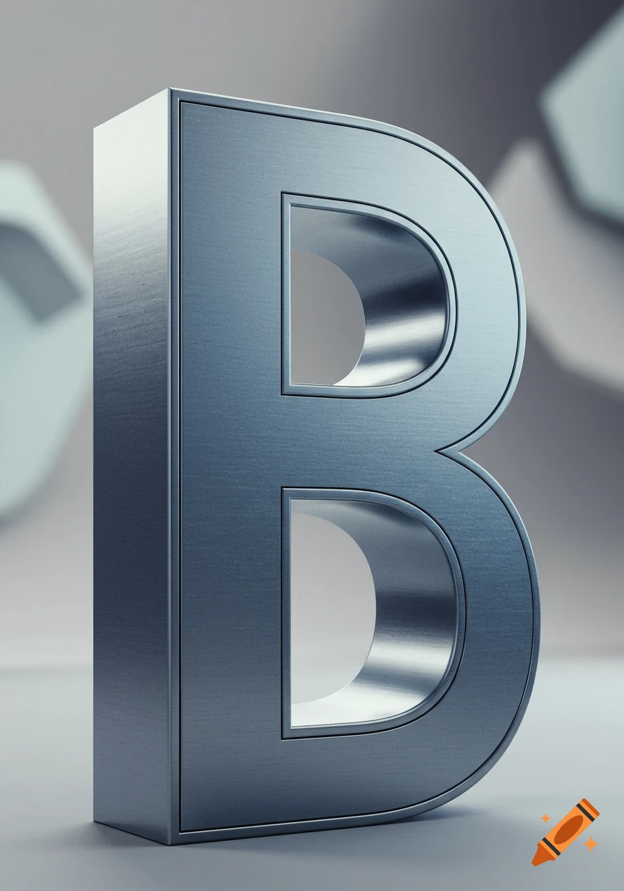 A large, brushed metallic three-dimensional letter B stands upright against a light, blurry background.