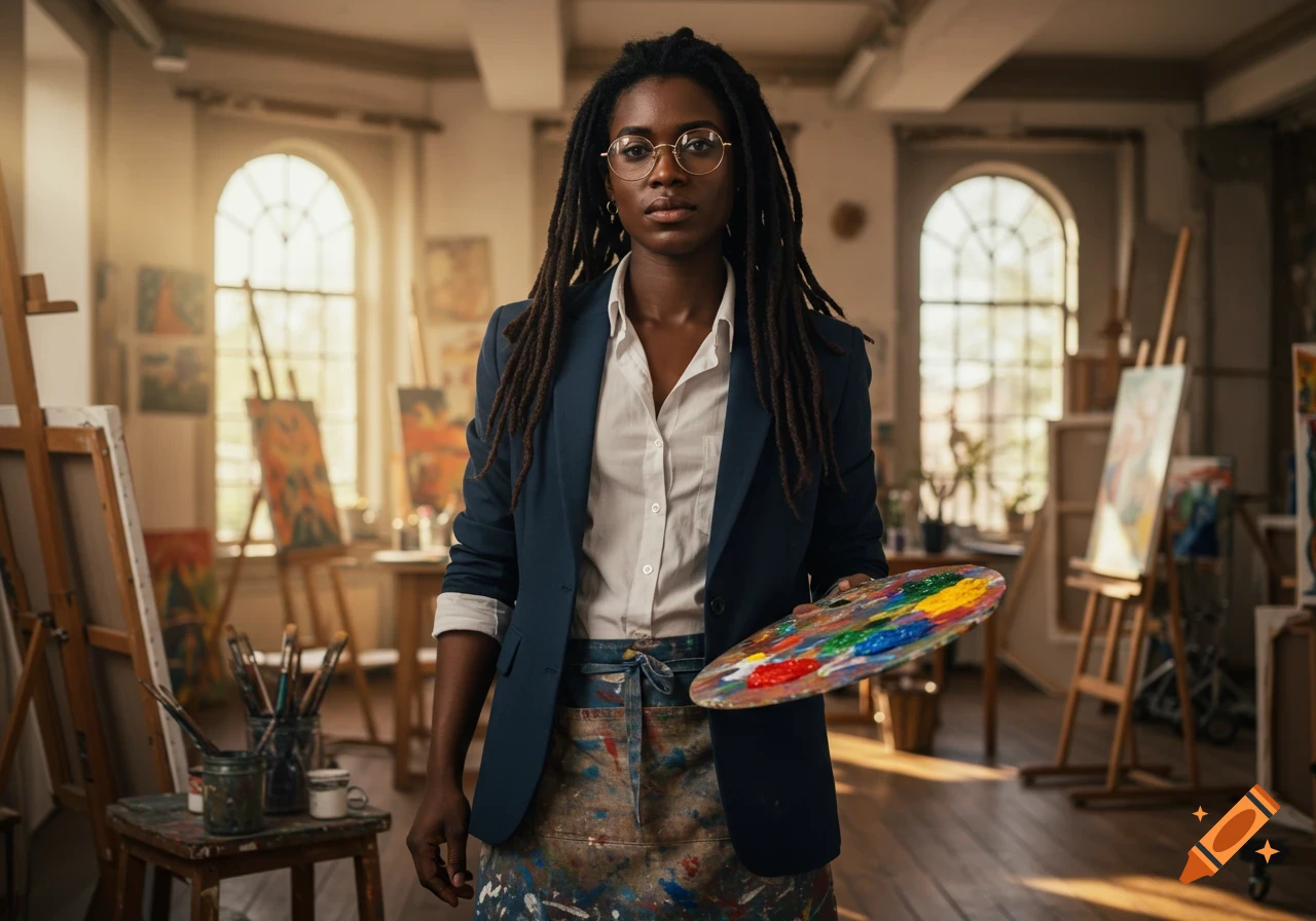 A Black woman with dreadlocks, wearing a blazer and paint-splattered apron, holds a colorful palette in an art studio.