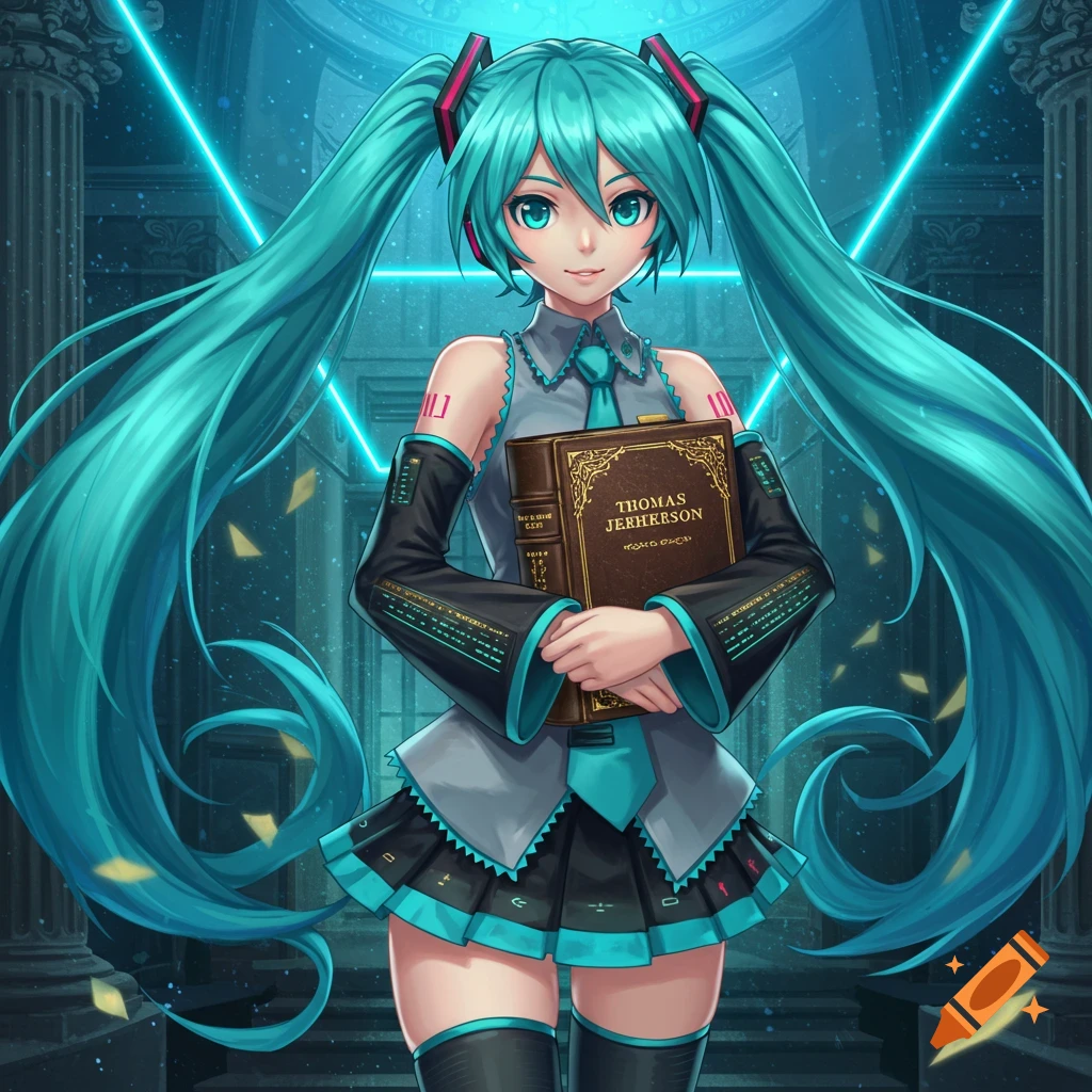 Hatsune Miku, an anime girl with long turquoise pigtails, holds a brown book titled 'Thomas Jerherson' in a blue glowing hall.