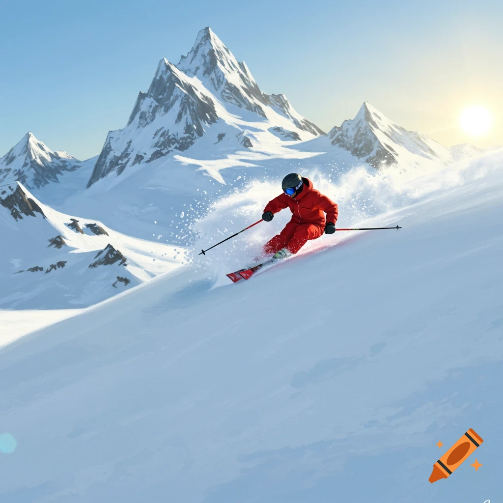 A skier in a red suit carves down a snowy mountain slope under a bright sun, with majestic peaks in the background.