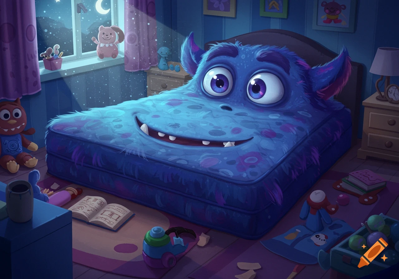A whimsical blue monster mattress with big eyes and a smile in a child's bedroom at night.