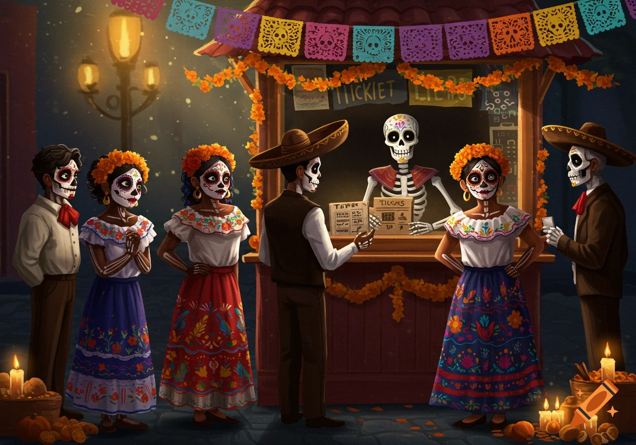 People with sugar skull face paint and a skeleton vendor at a vibrant Day of the Dead festival booth under string lights.