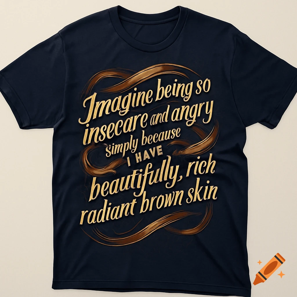 A dark blue T-shirt with stylized golden text that reads, 'Imagine being so insecure and angry simply because I have beautifully, rich radiant brown skin.'