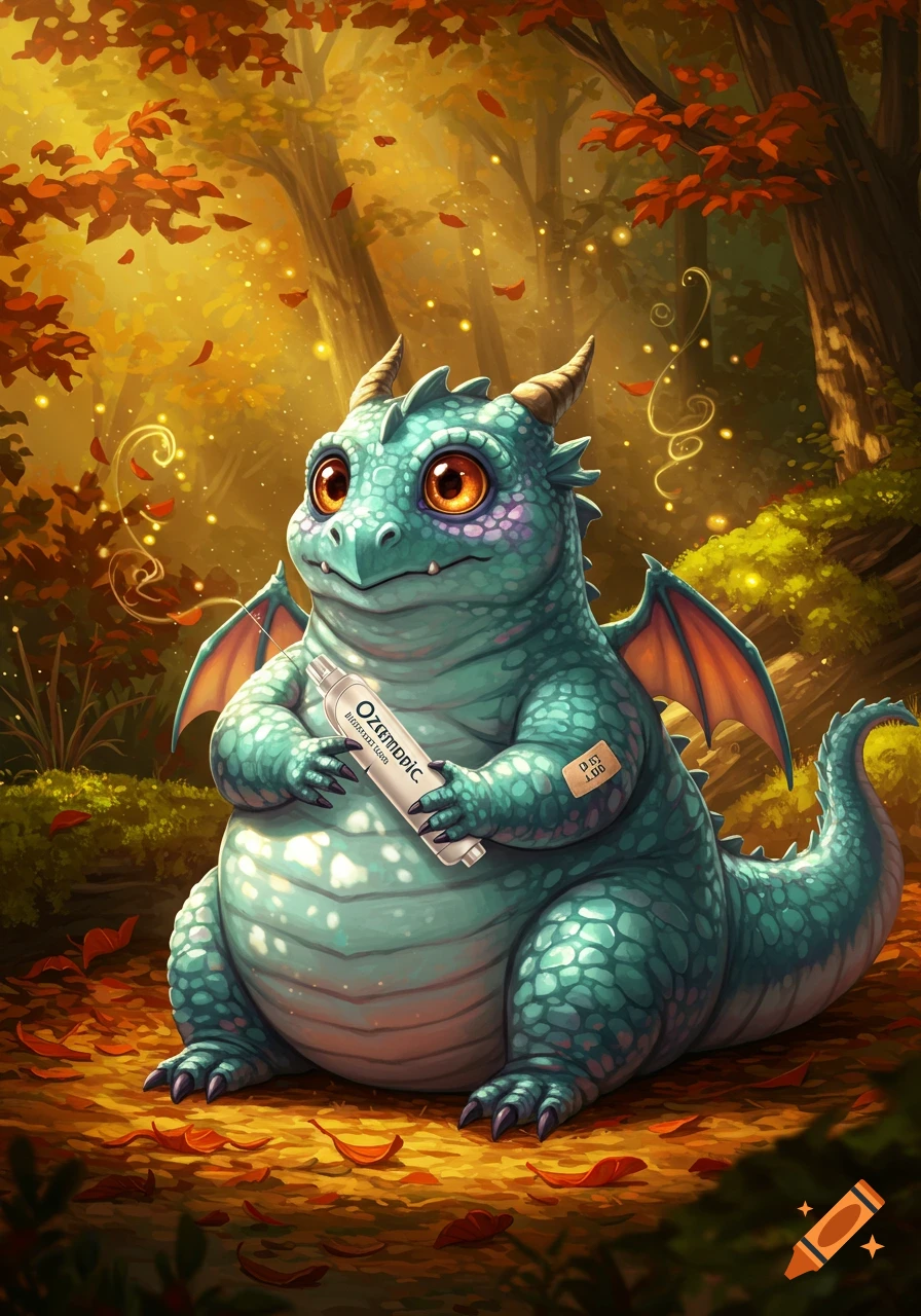 A cute, plump teal dragon with large orange eyes sits on a forest floor, holding a white 'Ozempic' pen, with autumn leaves scattered around.