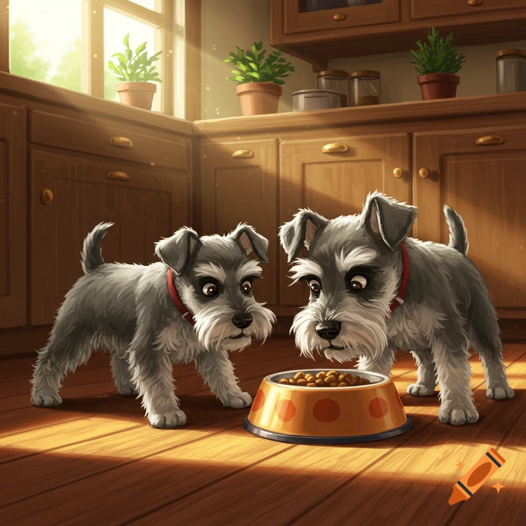Two cartoon schnauzer dogs looking at a food bowl in a sunlit kitchen, illustration style.