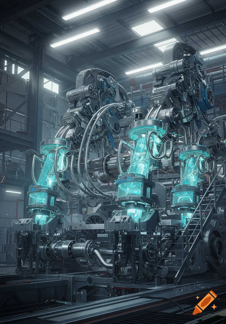 A detailed, photorealistic image of complex industrial machinery with multiple glowing blue fluid containers and intricate metal piping.