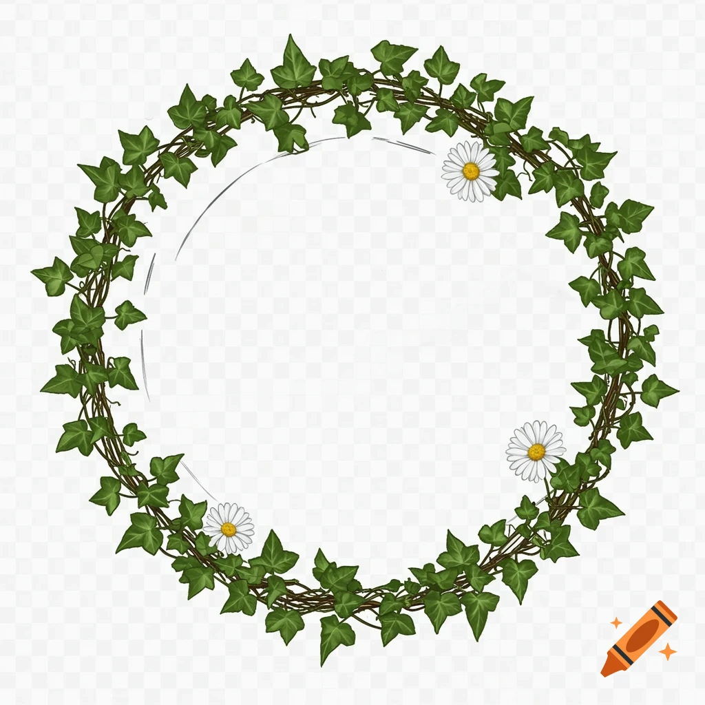 A circular wreath made of green ivy vines with three white daisies, set on a transparent background.