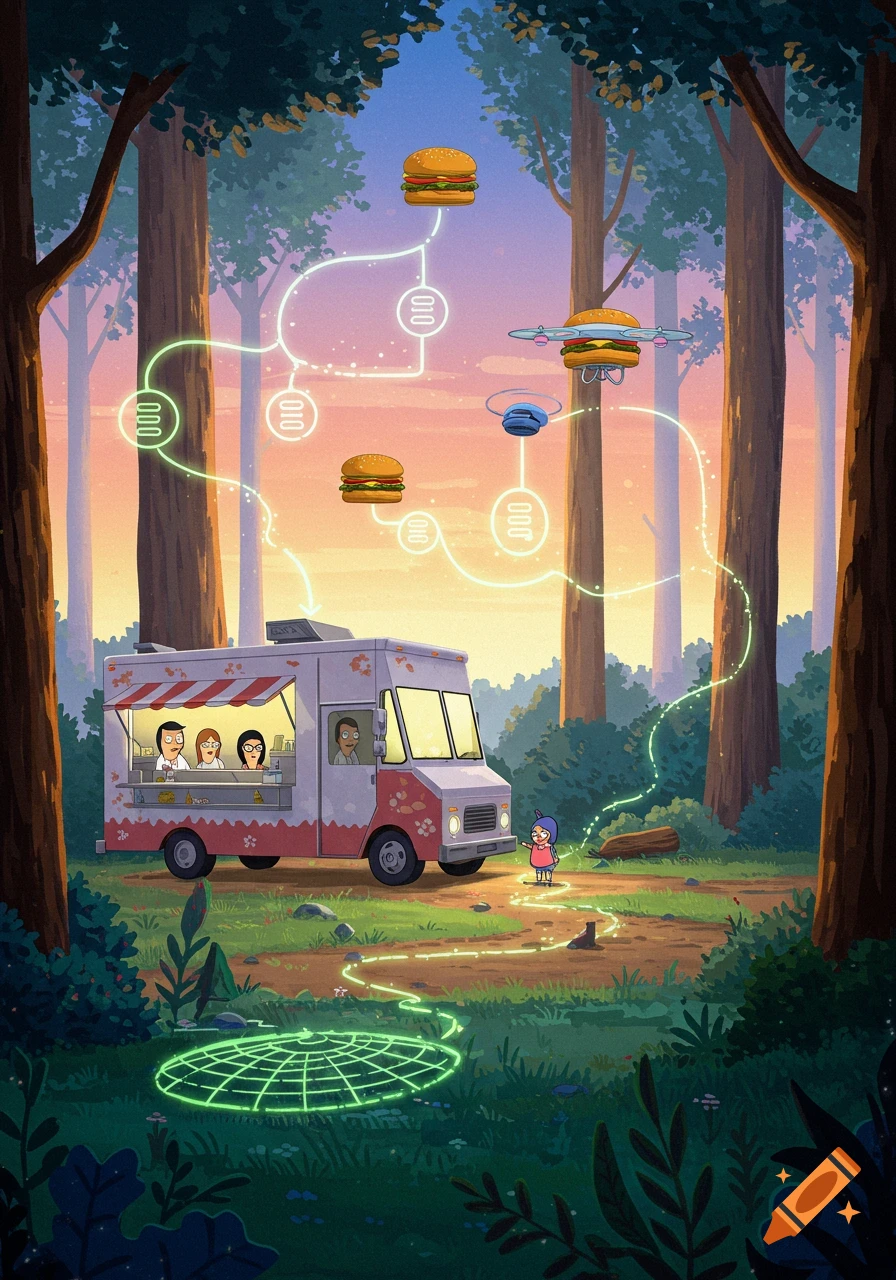 Cartoon style illustration of a Bob's Burgers food truck in a forest with burgers flying via drones and glowing data lines.