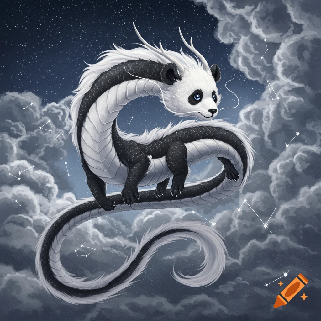 A stylized black and white panda-dragon with blue eyes floats among clouds and constellations in a dark, starry night sky.