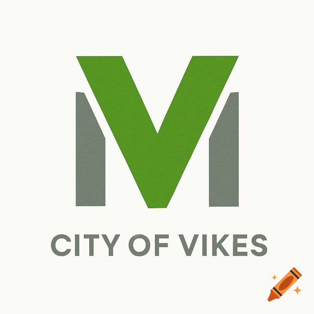 A logo for City of Vikes, featuring a large green V on a grey M, with the text 'CITY OF VIKES' below.