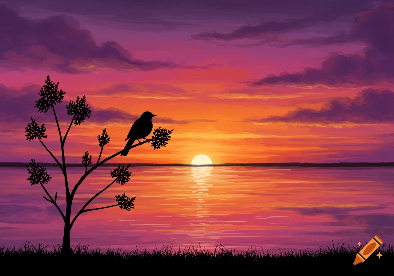 Silhouette of a bird on a branch overlooking a vibrant purple and orange sunset over water in a painterly style.