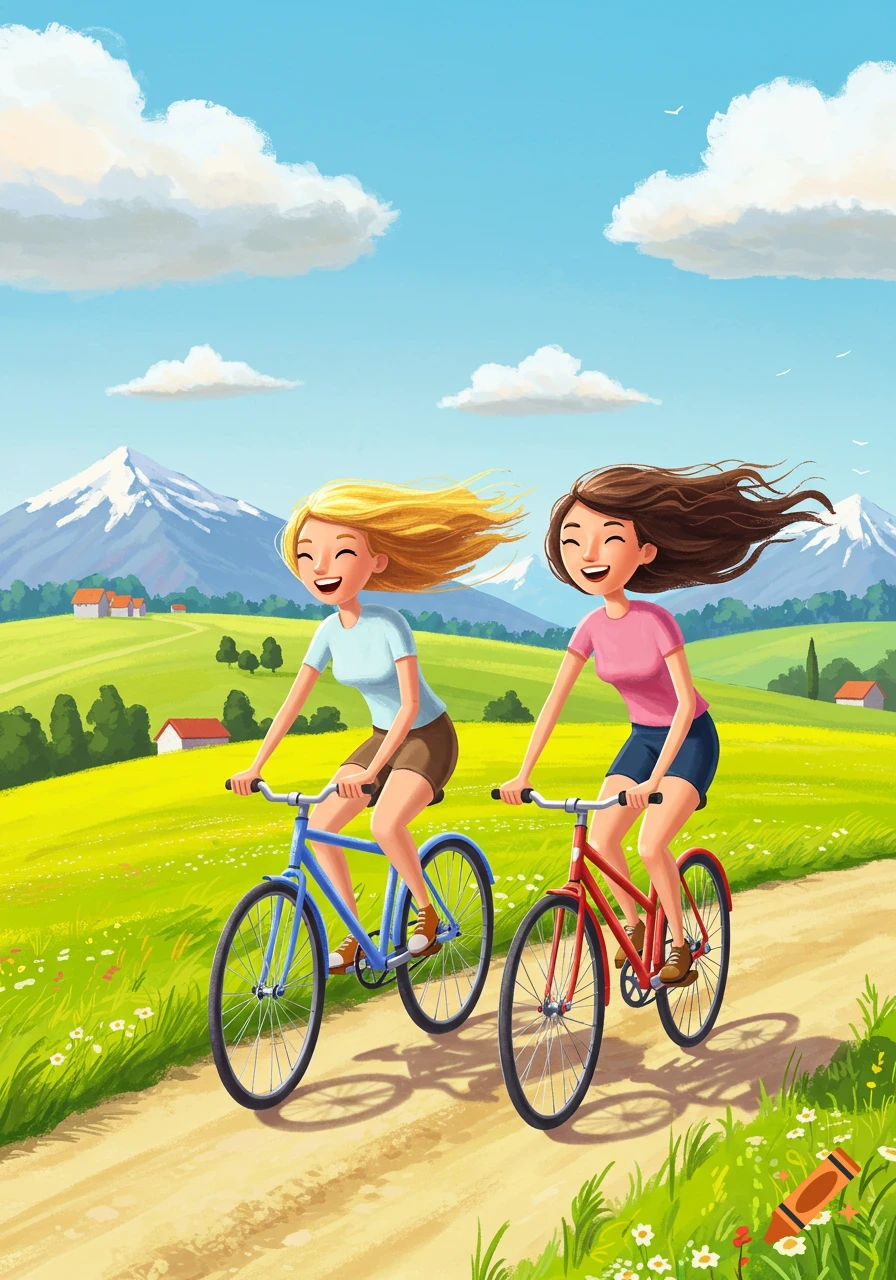 Two smiling cartoon women ride bicycles on a dirt path through a green, hilly countryside with mountains and houses in the background under a blue sky.