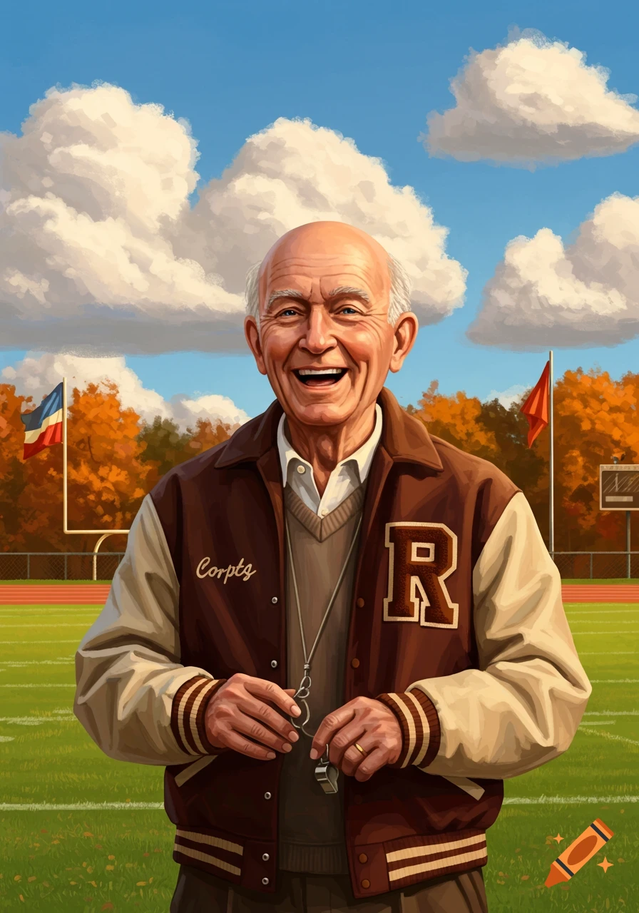 An old bald coach happily laughing on a football field in autumn, with goalposts and flags under a blue sky. Illustrated style.