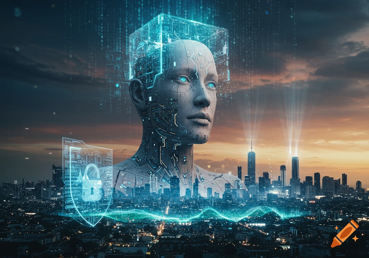 Futuristic AI robot head with glowing circuits and binary code over a city skyline at sunset, with a digital security shield icon.