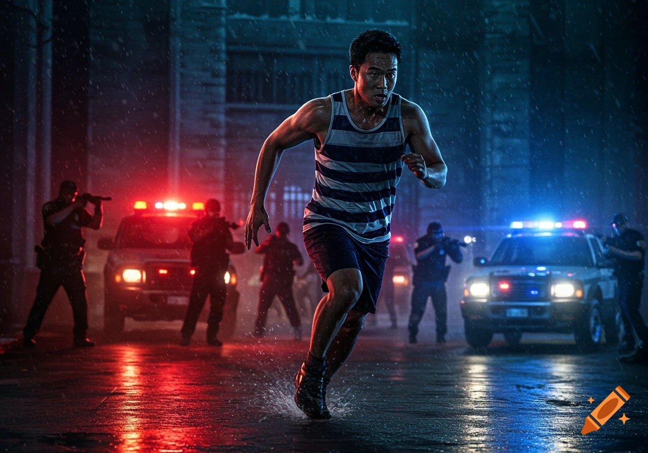 A man in a striped tank top runs from police cars with flashing lights and armed officers in the rain at night, photorealistic.