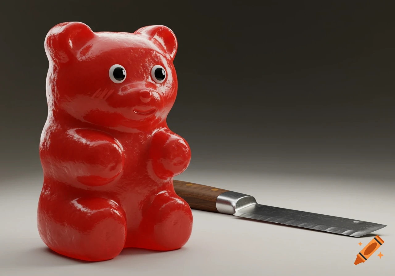 A shiny red gummy bear stands next to a large butcher knife on a light surface in a photorealistic style.