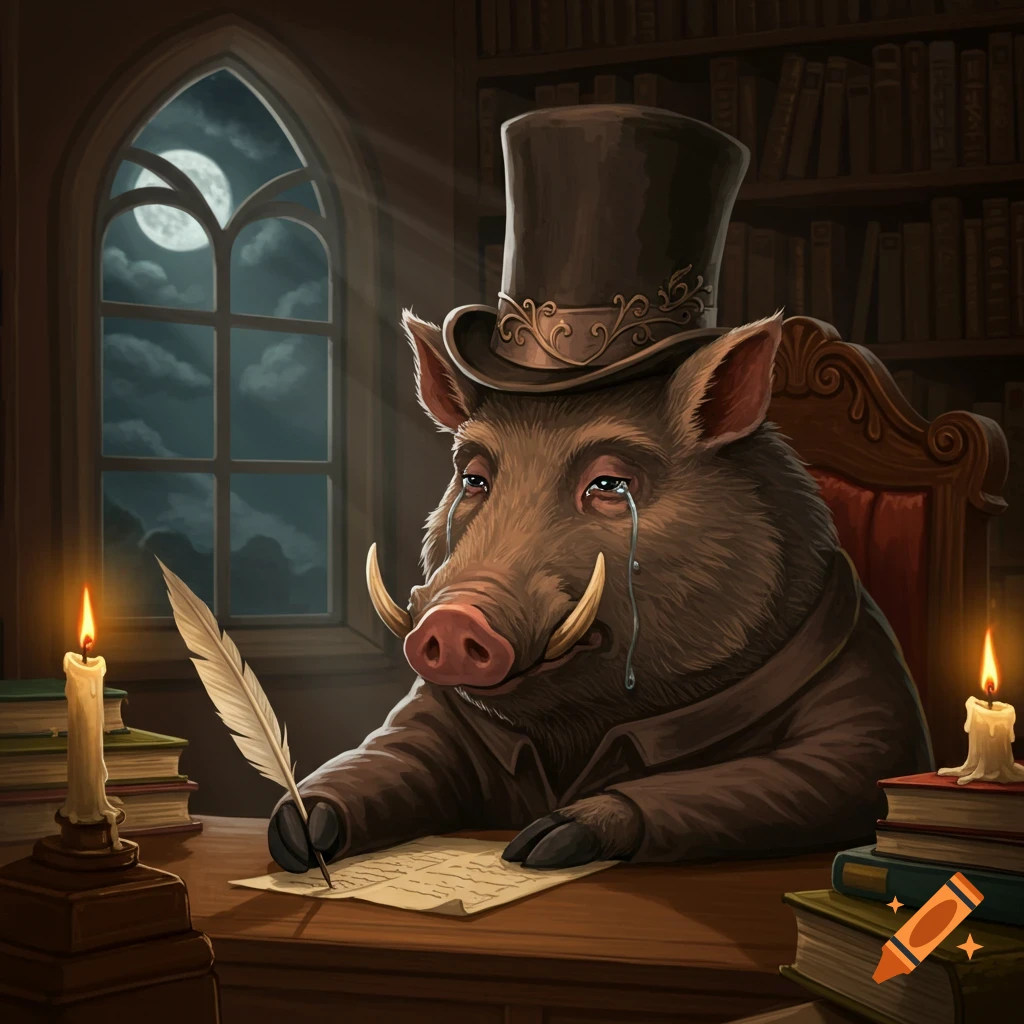 An anthropomorphic crying boar in a top hat writes at a desk by candlelight in a gothic study, with a full moon outside.
