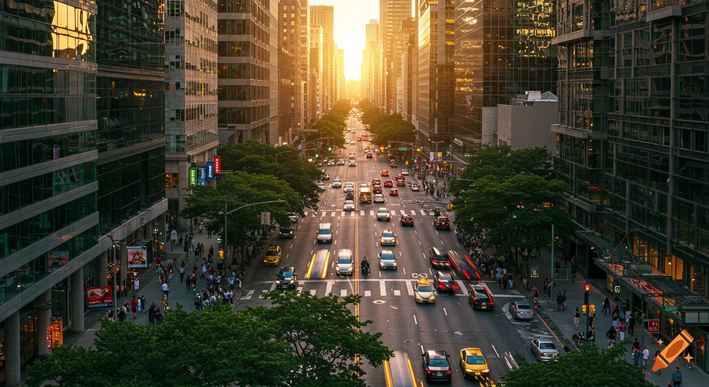 An aerial view of a busy city street with tall buildings lining both sides, bathed in the golden light of sunset.