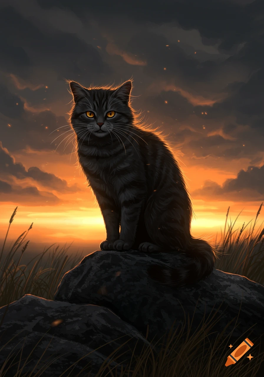 A dark tabby cat with glowing orange eyes sits on a rock at sunset, with tall grass and a dramatic sky.