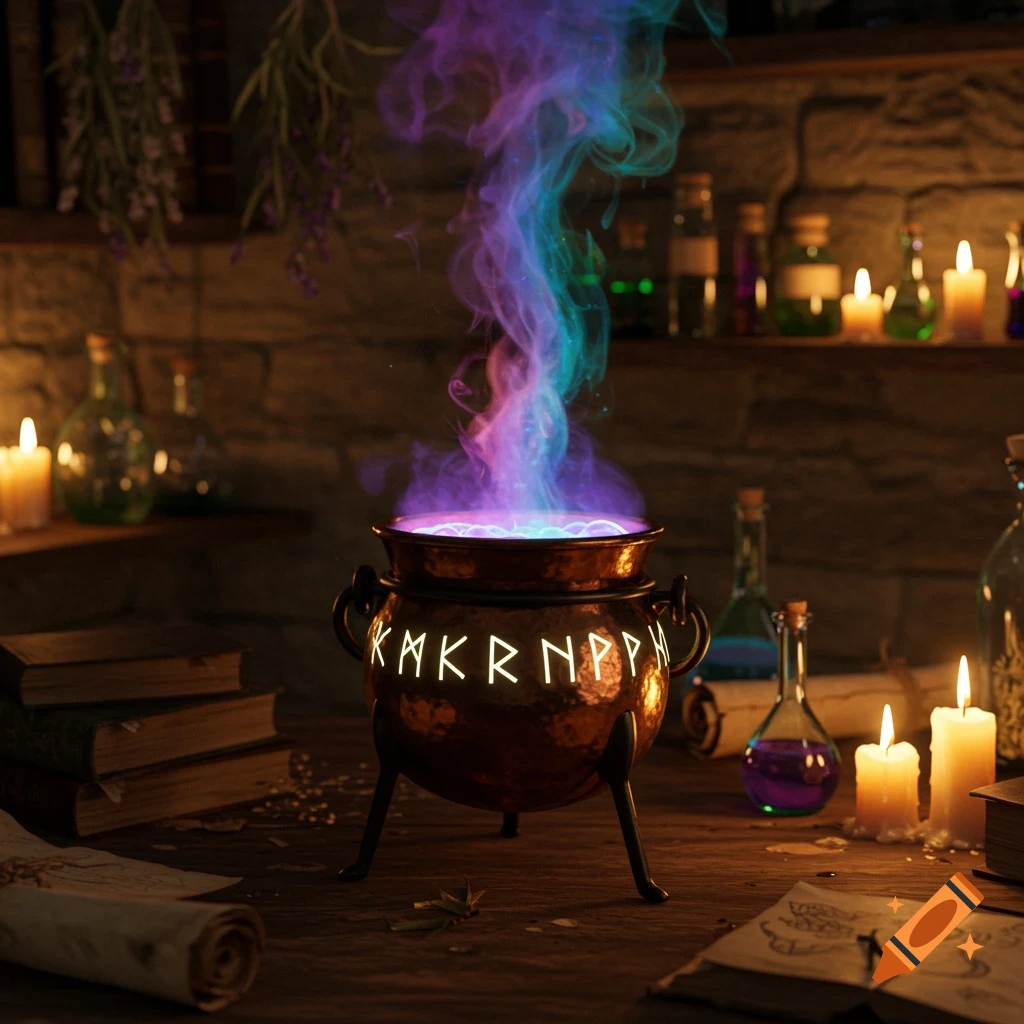 An ornate copper alchemy cauldron glows with blue and purple smoke in a dimly lit, rustic workshop surrounded by books, potions, and candles.