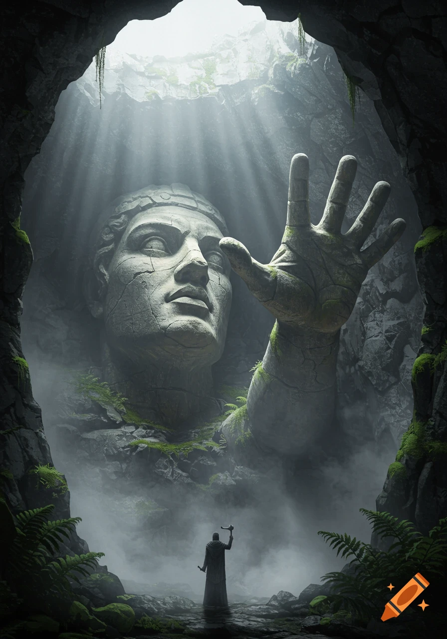 A gigantic cracked stone head and hand emerge from a misty cave wall as light streams from an opening above, illuminating a small figure looking up.
