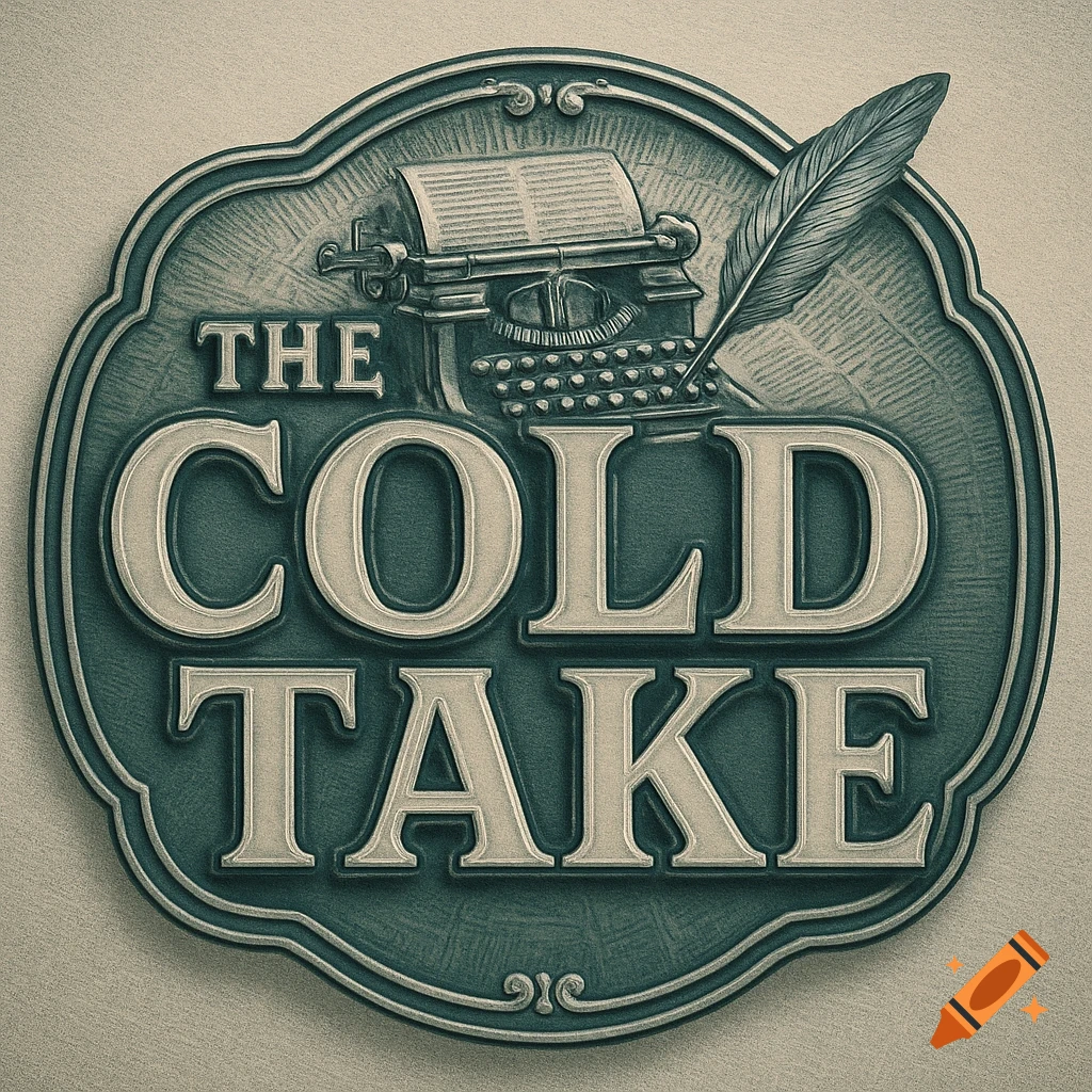 A vintage-style logo in shades of green and off-white, featuring a typewriter and a quill pen above the words "THE COLD TAKE" in bold, serif font.