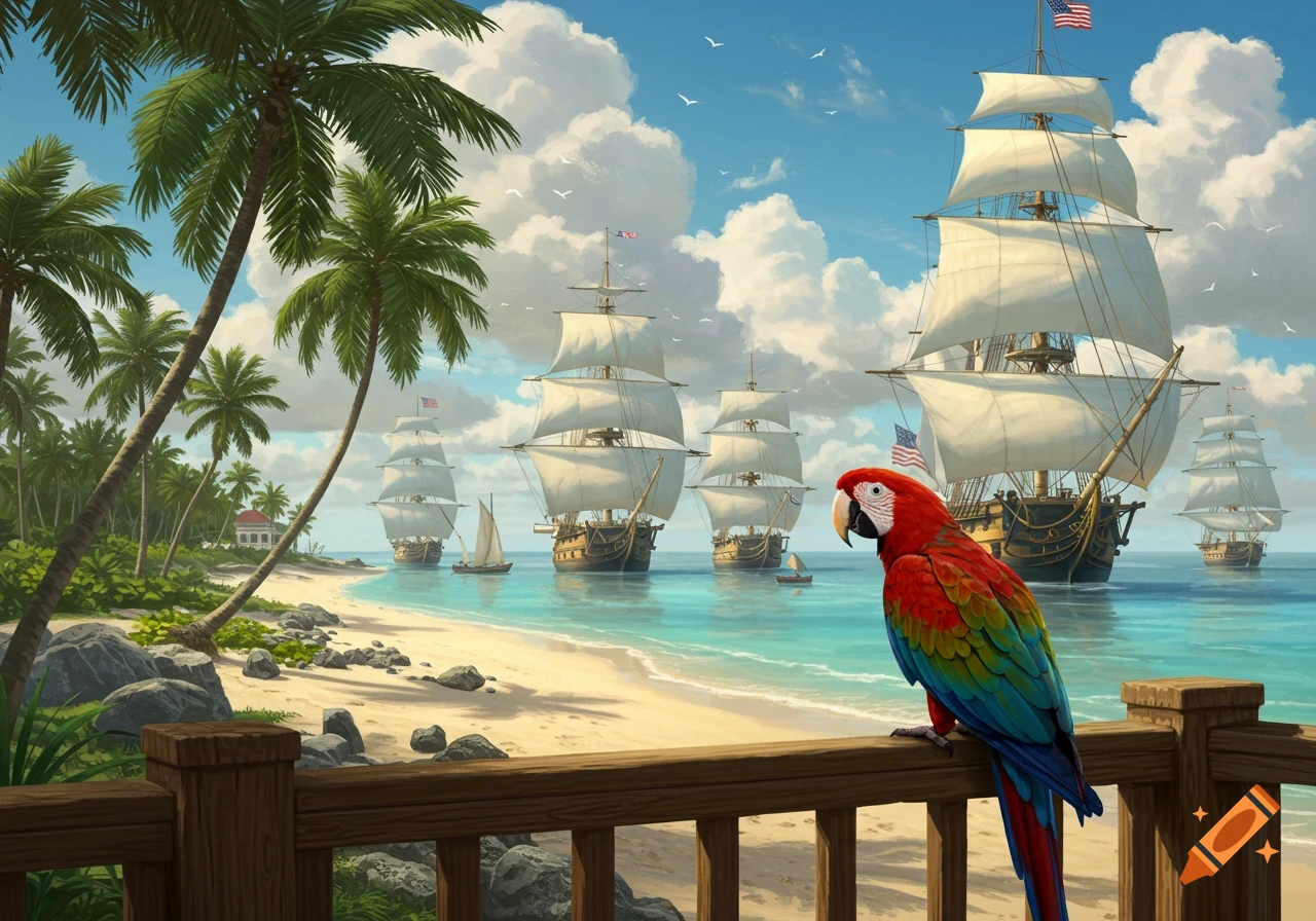 A vibrant painting depicts a red parrot on a railing overlooking a tropical beach with palm trees and multiple historical sailing ships on the turquoise ocean under a cloudy sky.