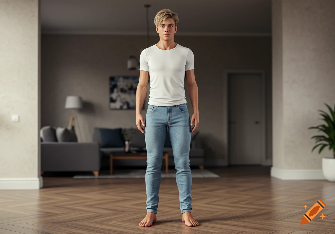 A hyper-realistic full body image of a young blonde man with large bare feet, wearing a white t-shirt and blue jeans, standing on a wooden floor.