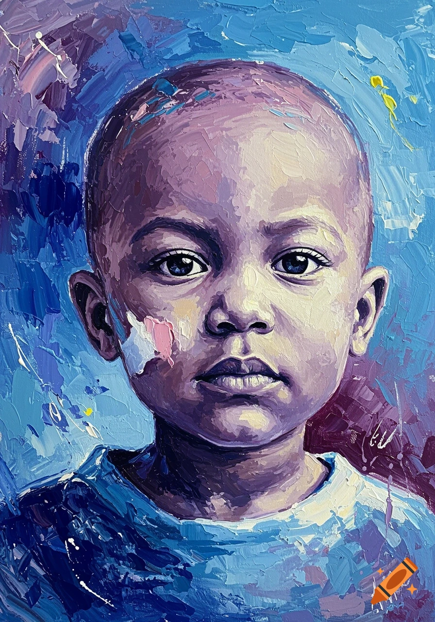 Acrylic abstract portrait painting of a bald child looking directly forward with a serious expression.