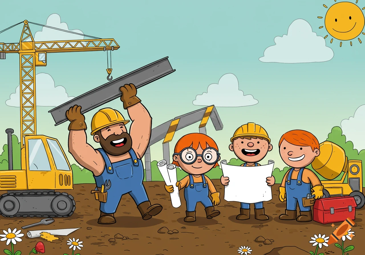 A cartoon of four happy builders and children on a construction site with a crane, excavator, and tools under a sunny sky.