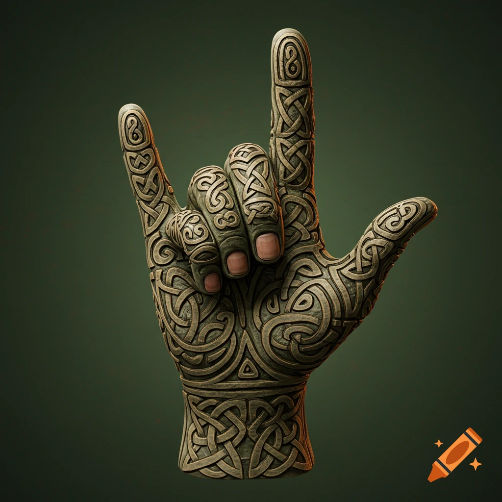 A hand making the 'rock on' gesture, intricately sculpted and covered in detailed Celtic knot patterns, against a dark green background.