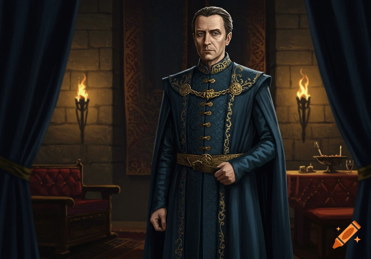 A man in elaborate medieval blue and gold robes stands in a stone castle hall with torches.
