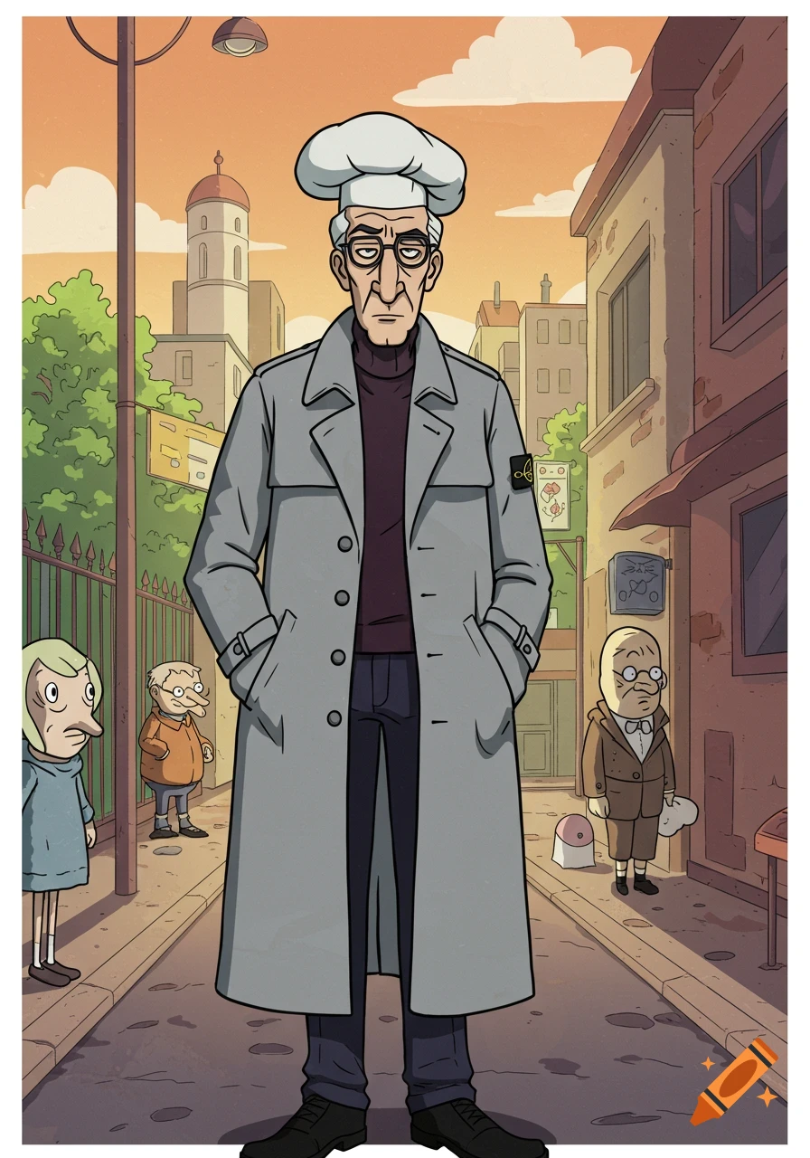 A cartoon chef in a grey trench coat and toque stands on a street, with other animated characters and buildings in the background.