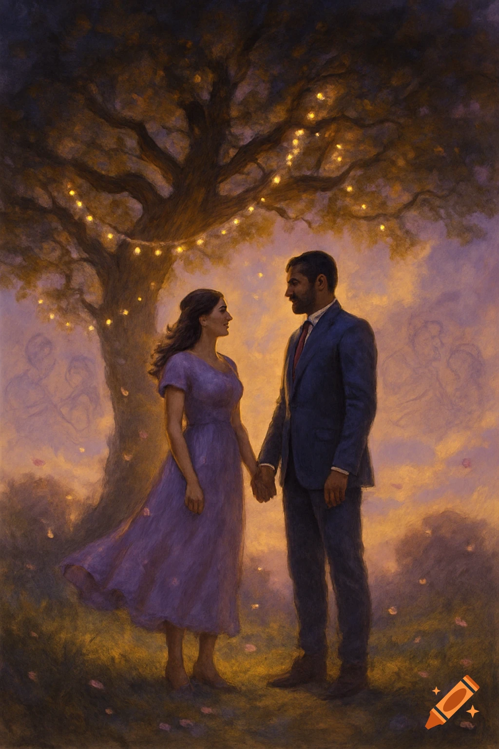 A man in a suit and a woman in a purple dress hold hands under a large, glowing tree at dusk, with faint figures in the background.