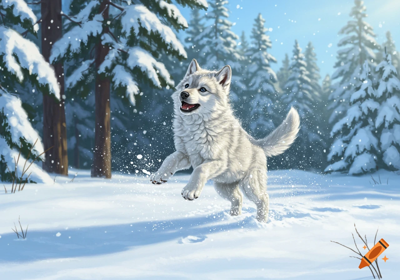 A white wolf cub happily leaps through fresh snow in a snowy forest scene.
