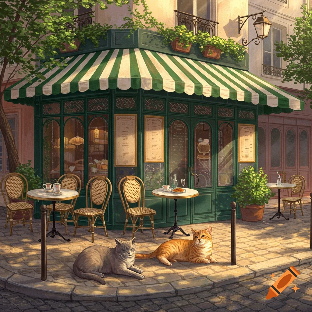 Two cats relax on a cobblestone street in front of a charming Parisian-style cafe with green and white striped awnings.