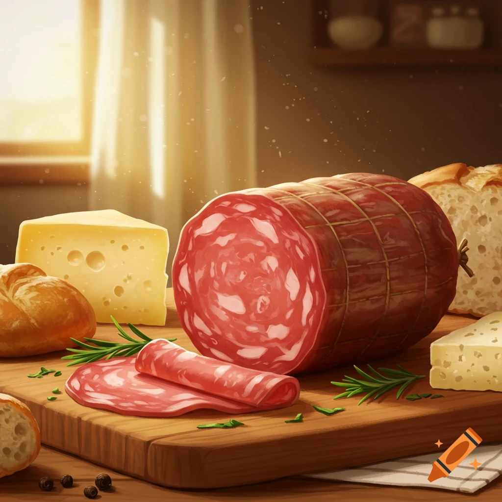 A large salami, sliced salami, cheese, and bread on a wooden cutting board with rosemary and peppercorns in a sunlit kitchen.