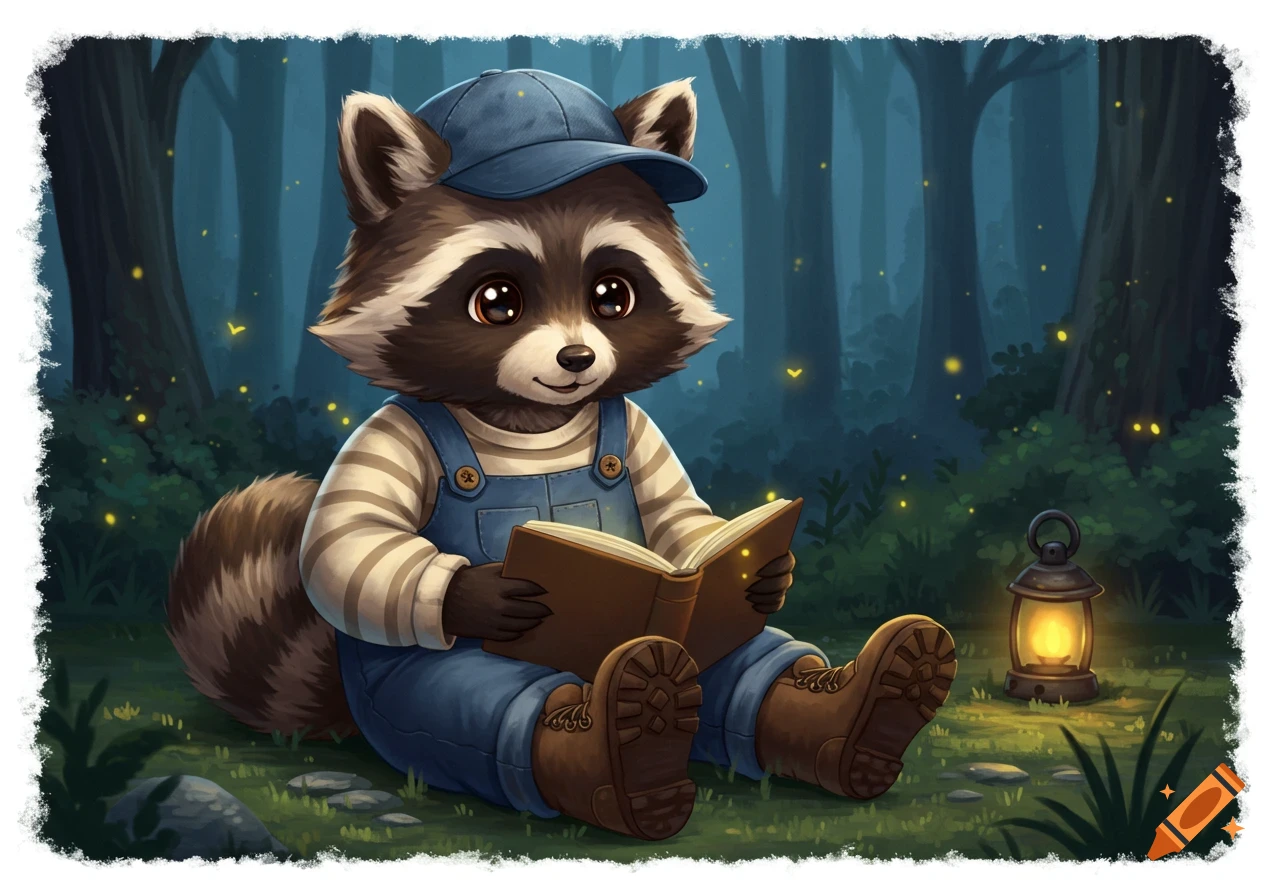 A cute raccoon wearing a blue cap and overalls sits in a glowing forest, reading an open book next to a lit lantern.