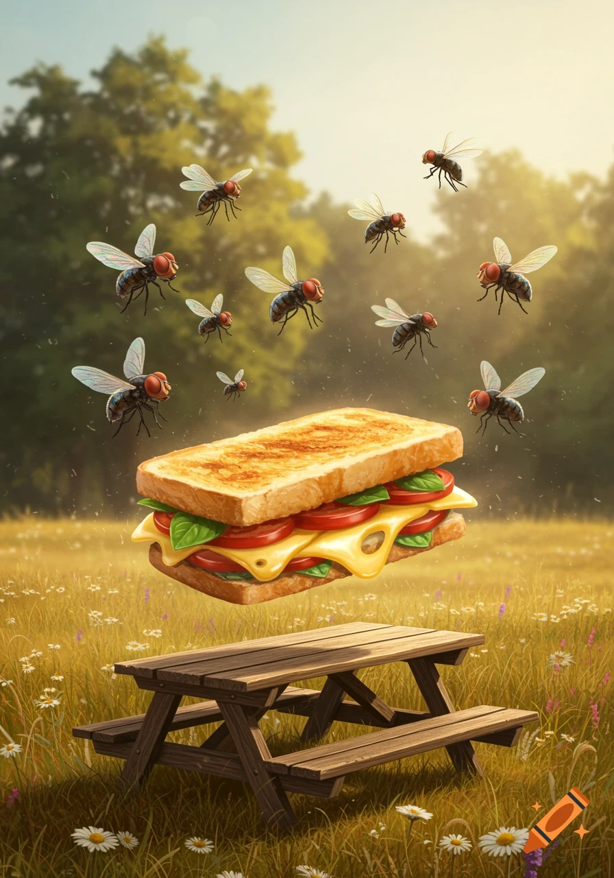 A toasted sandwich with cheese, tomatoes, and basil hovers above a picnic table in a sunny field, surrounded by several flies.