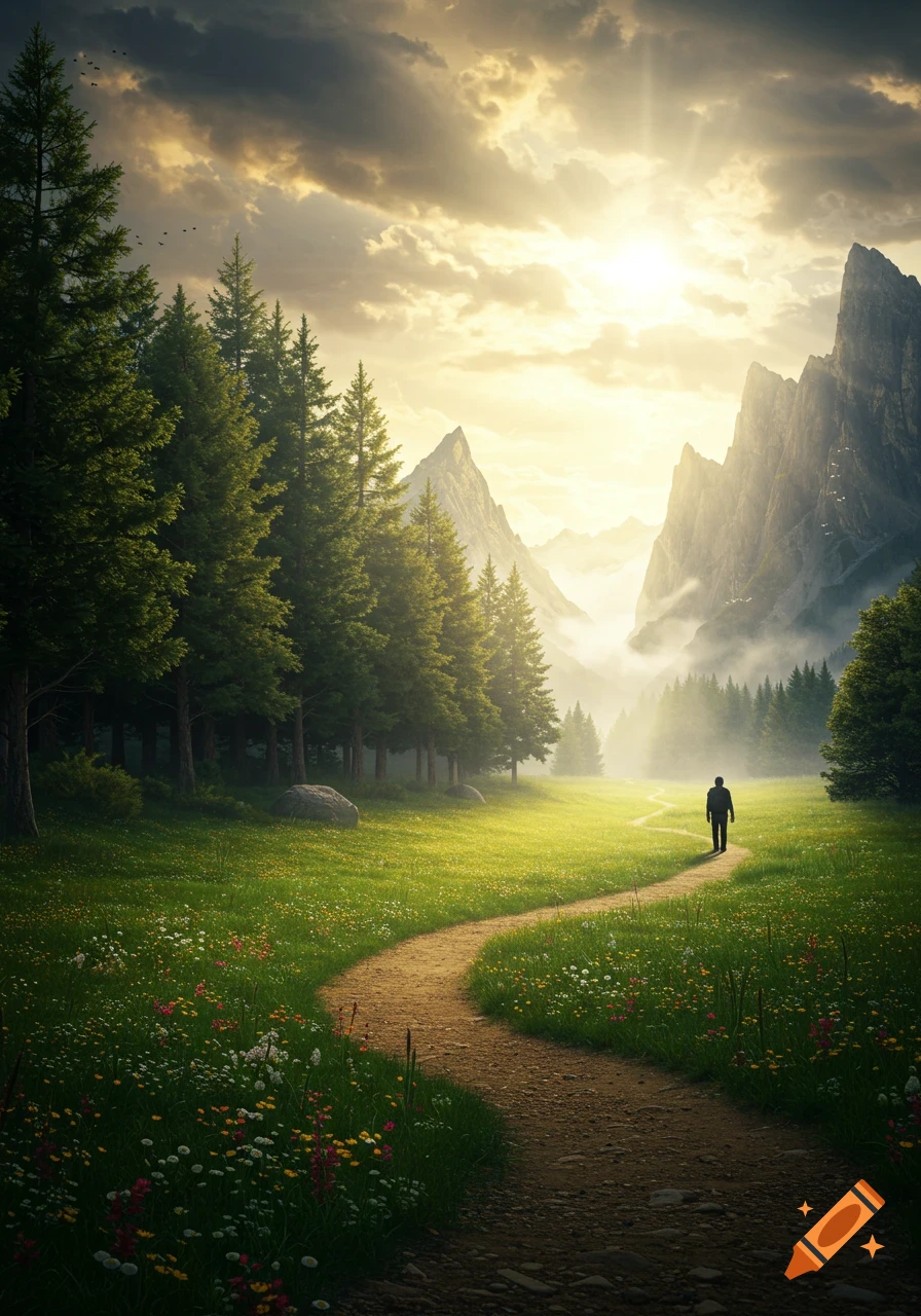 A person walks on a winding dirt path through a vibrant green meadow filled with wildflowers, leading towards sunlit mountains.