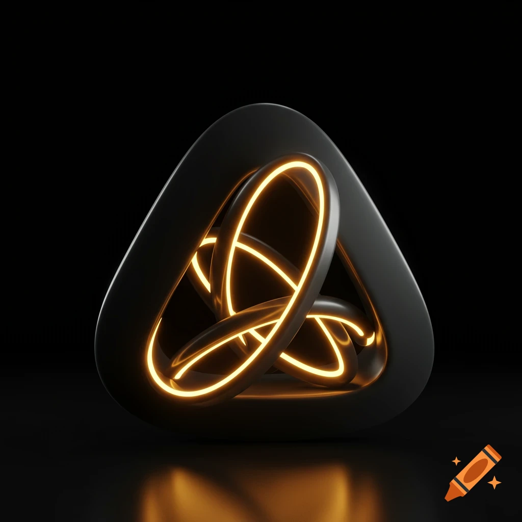 A dark, rounded triangle structure encasing several glowing orange lines that twist and loop within it, with a subtle reflection on a dark surface.
