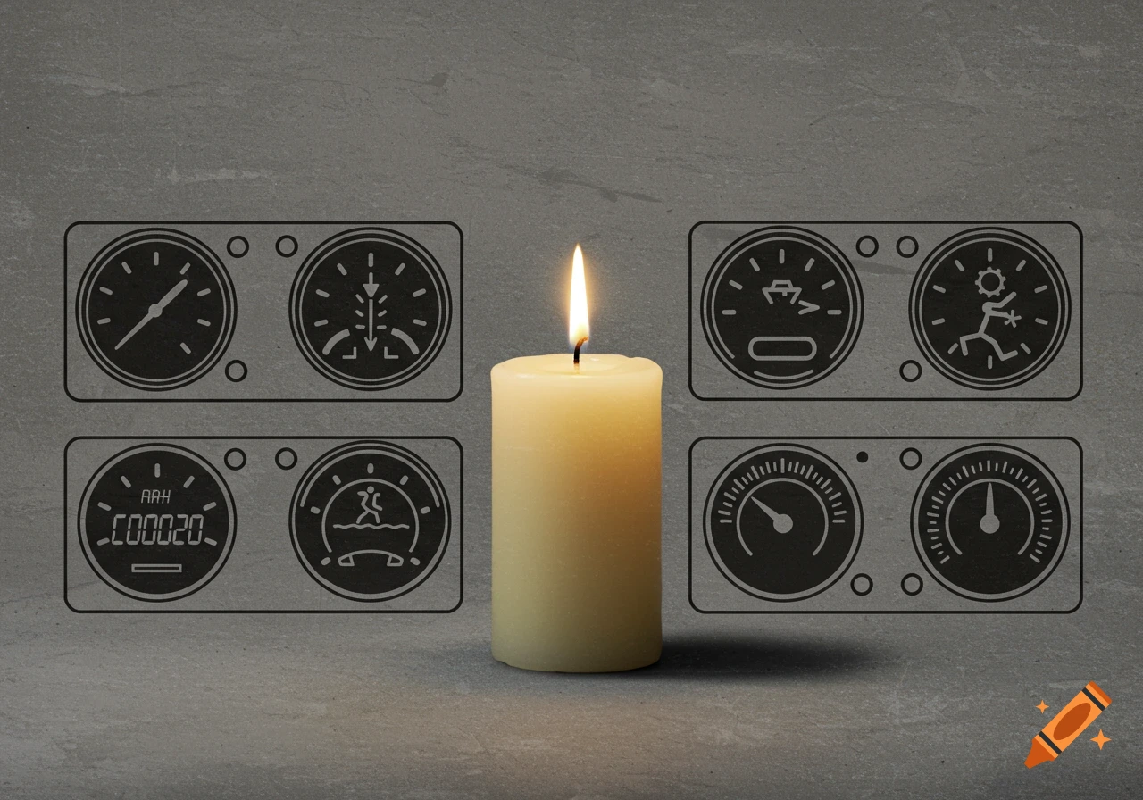 A lit candle stands in front of a gray wall, flanked by six simple line art dashboard gauges with various symbols and numbers.